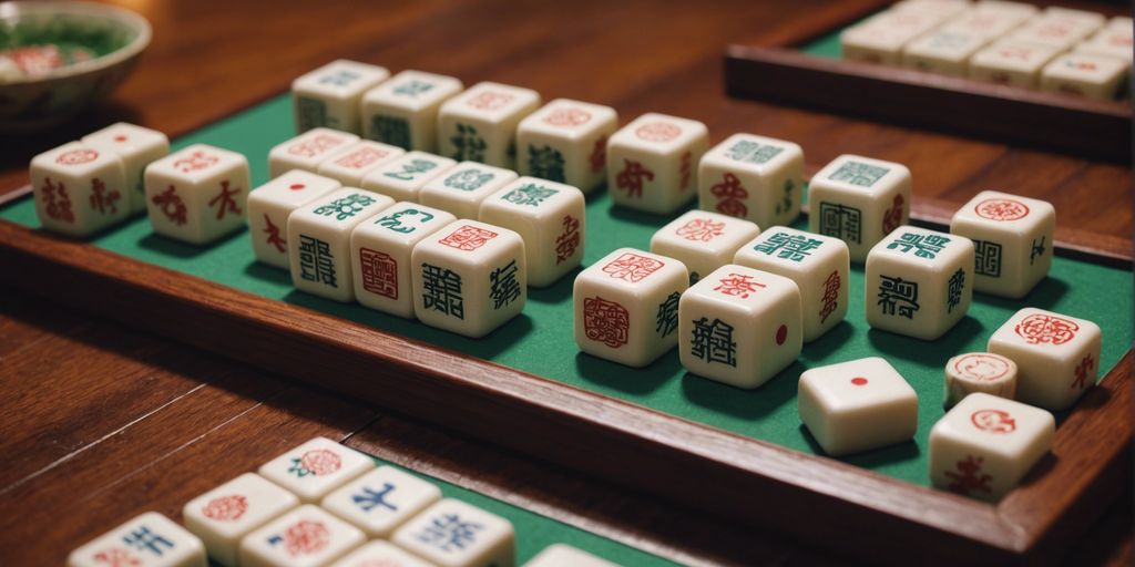 Beautifully arranged Mahjong set with intricately designed tiles on a wooden table with traditional Chinese decor.