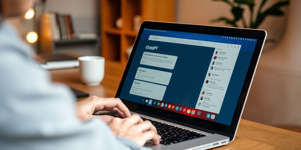 Person using laptop with ChatGPT interface displayed.