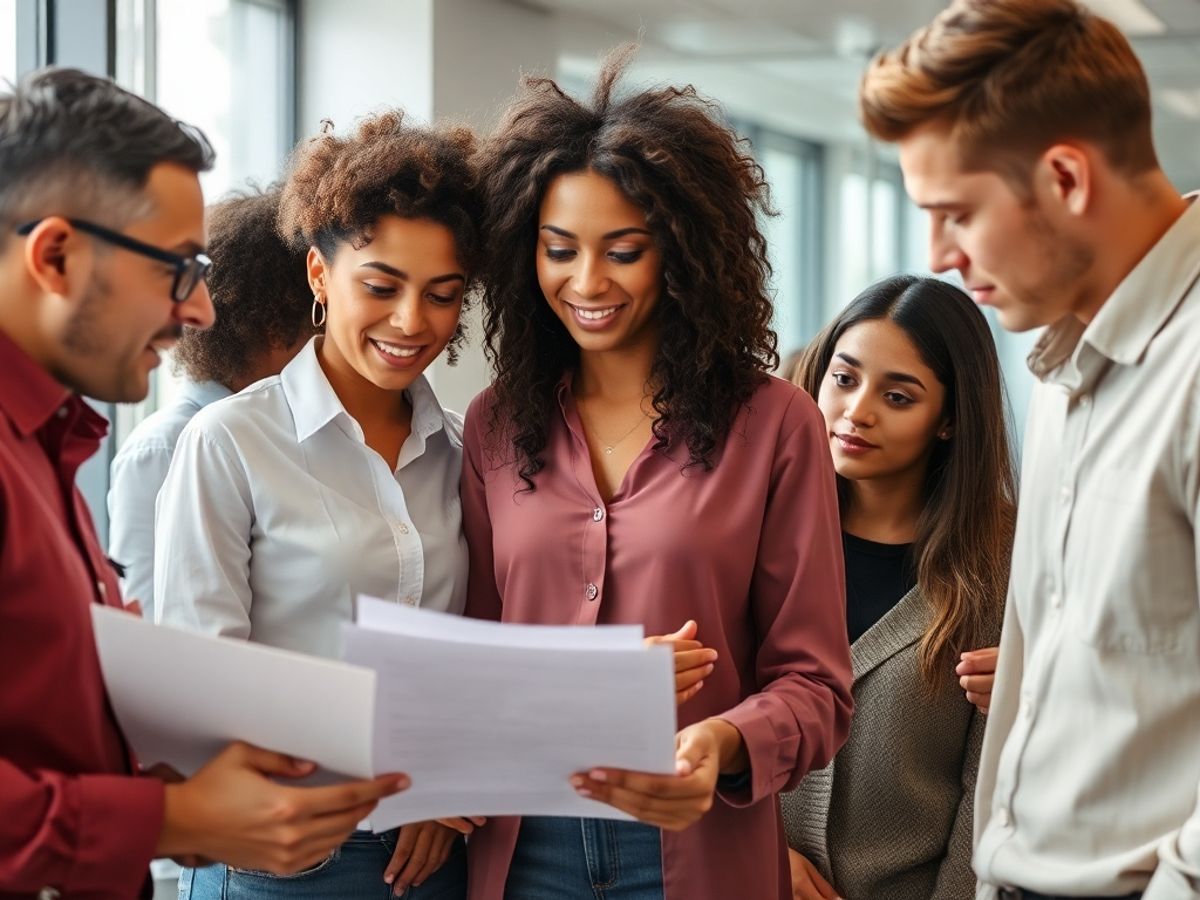 Grup divers de angajați colaborând într-un birou modern.