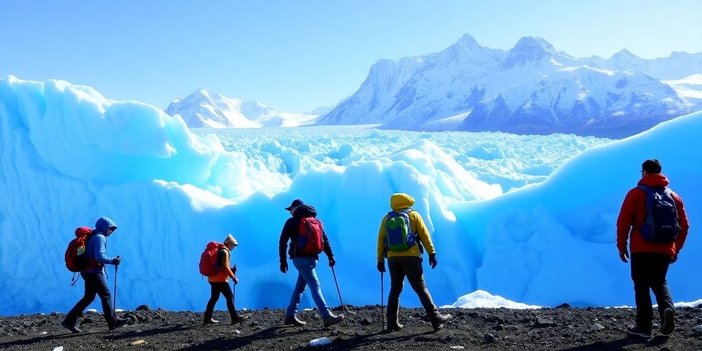 A group of hikers walking across a vast blue glacier.
