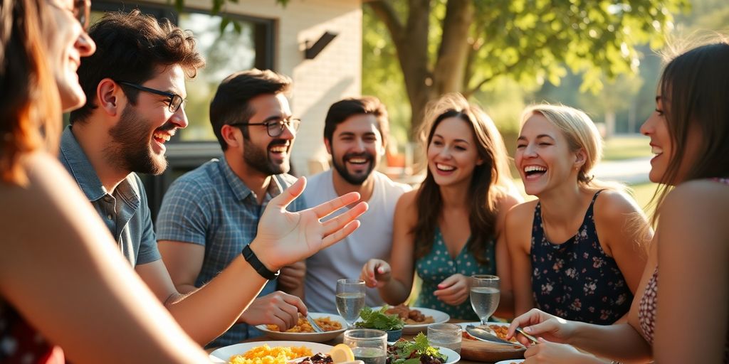 Friends enjoying a meal together outdoors, sharing laughter and conversation.