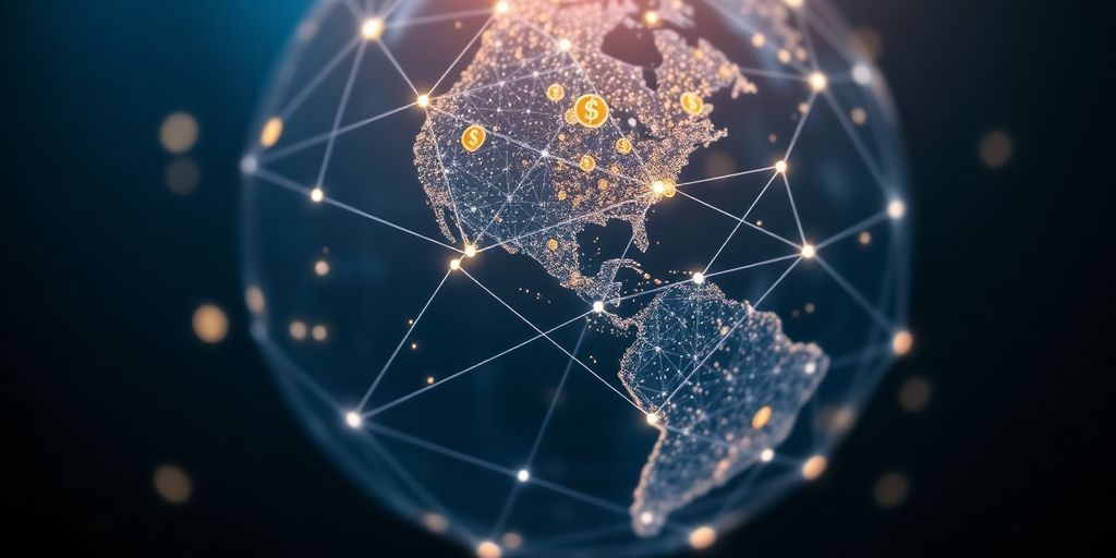 Glowing globe with cryptocurrency network.