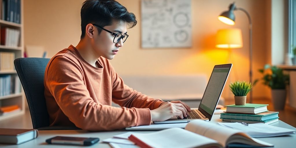 Student studying with laptop and textbooks on a desk.