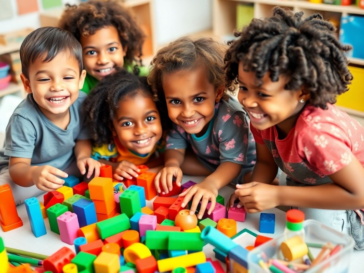 Copii zâmbitori jucându-se cu blocuri colorate