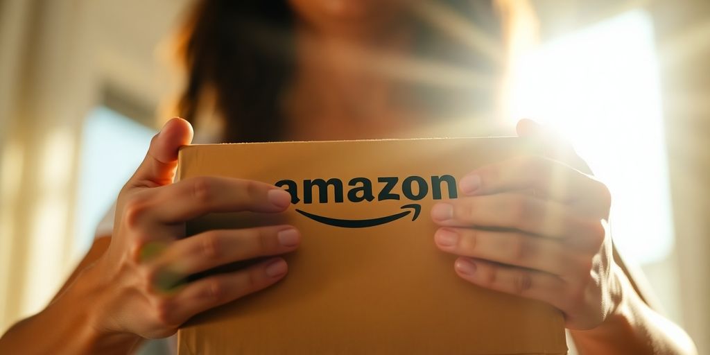 Person examining an Amazon package.