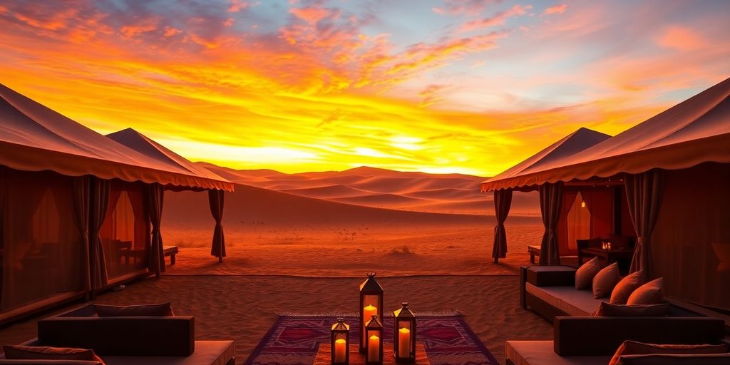 Luxurious desert camp with elegant tents and sunset sky.