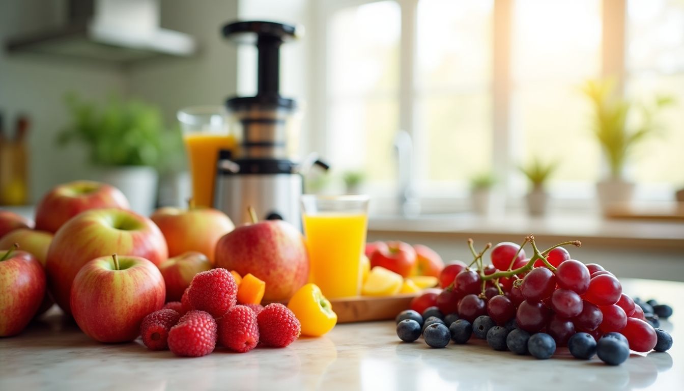 Fresh fruits for cholesterol-lowering juices on a kitchen counter.