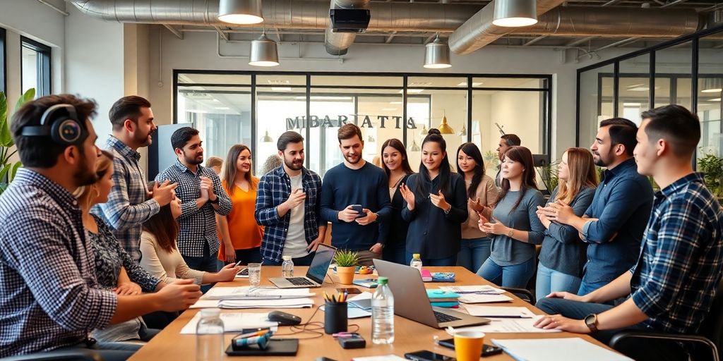 Diverse entrepreneurs collaborating in a modern office space.