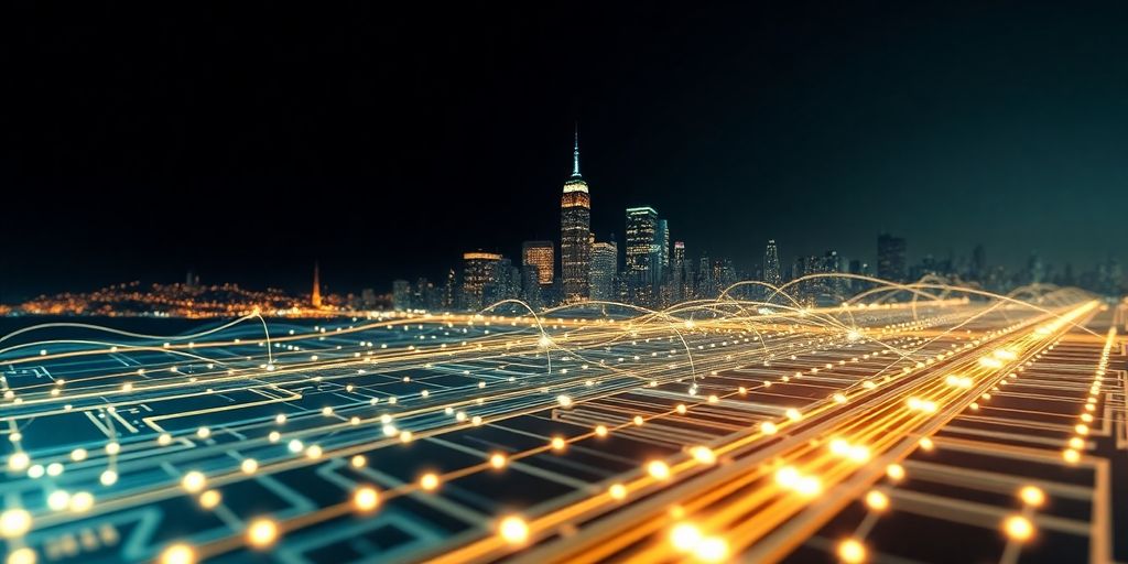 New York IT support infographic with circuits and city skyline