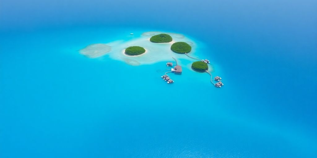 Turquoise lagoon with coral atolls and overwater bungalows.