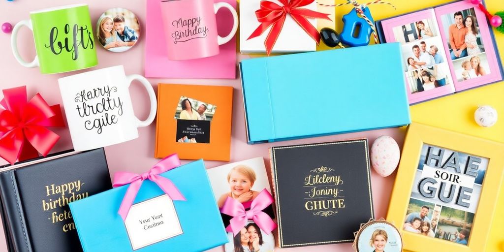 Collage of colorful personalized gifts for special occasions.