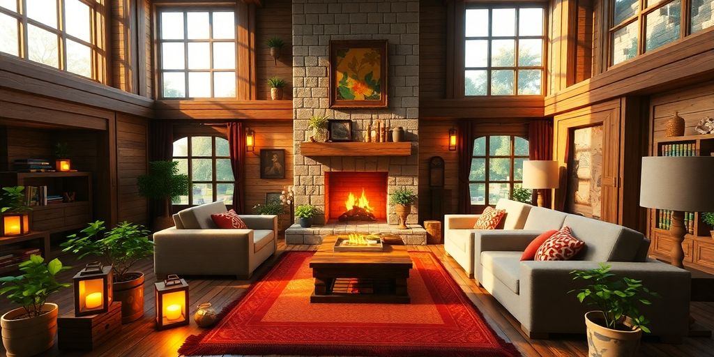Cozy Minecraft living room with fireplace and warm lighting.