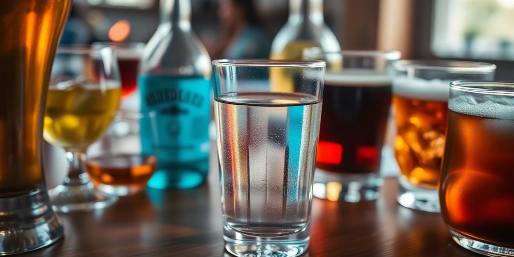 Glass of water among alcoholic drinks on a table.