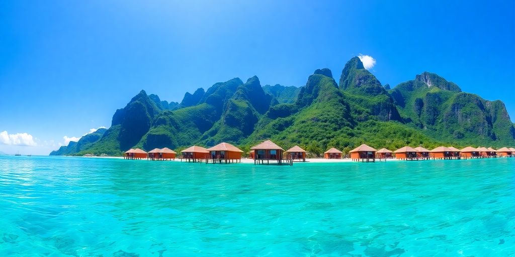 Tropical Bora Bora Pass islands, blue water, green mountains.