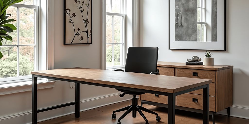Modern office space with a desk, chair, and natural light.