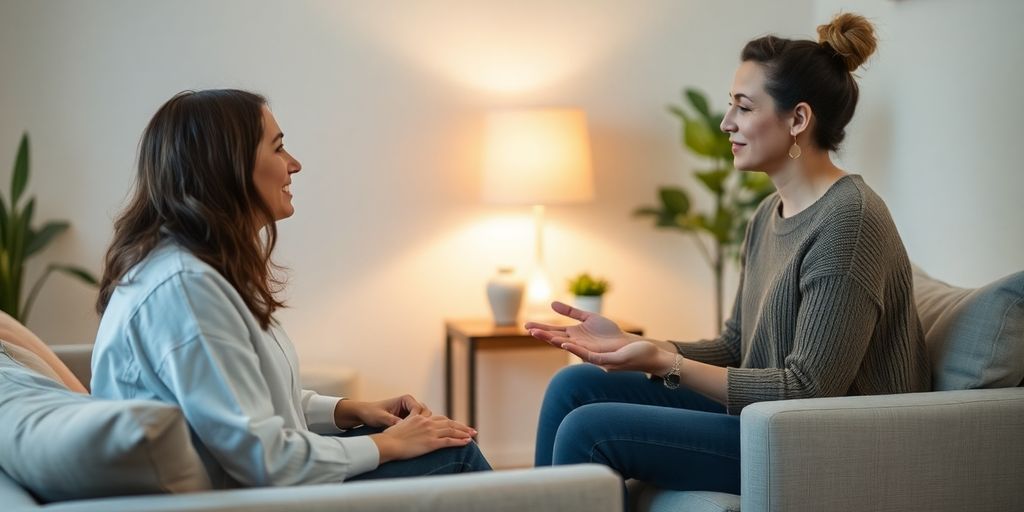 Therapist and client in a calming therapy session.