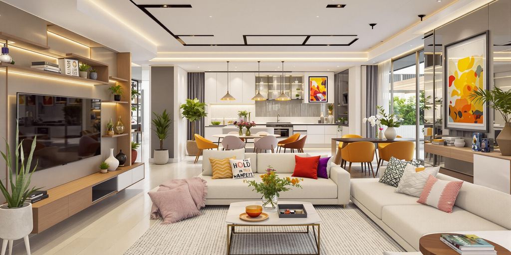 Modern multi-functional living space with versatile furniture.
