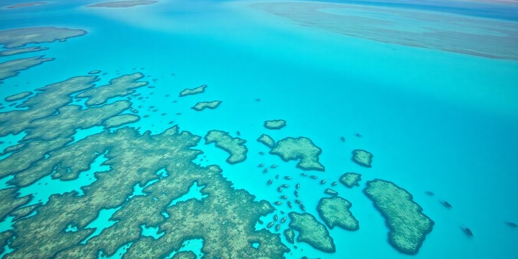 Crystal clear turquoise water with coral reefs teeming with marine life.