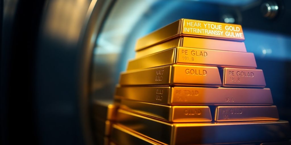 Des barres d'or empilées dans un coffre-fort sécurisé.