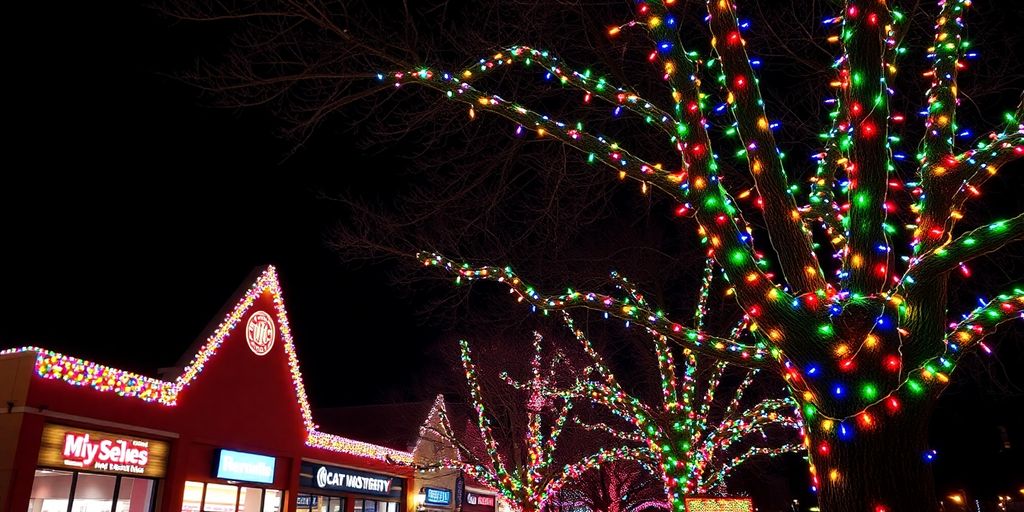 Decorated buildings and trees at night.