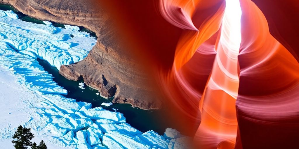 Split image of an Alaskan glacier and Antelope Canyon.
