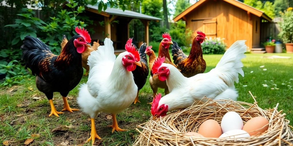 Chickens in a green backyard with a coop and eggs.