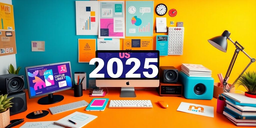 A modern workspace with digital marketing tools and devices.