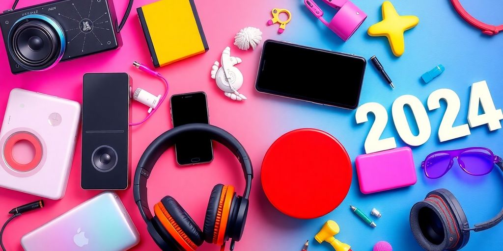 Colorful music gadgets and headphones for teens in 2024.