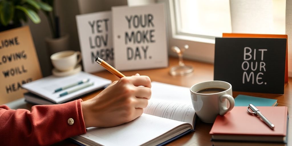 Person writing in planner with coffee, focusing on goals.