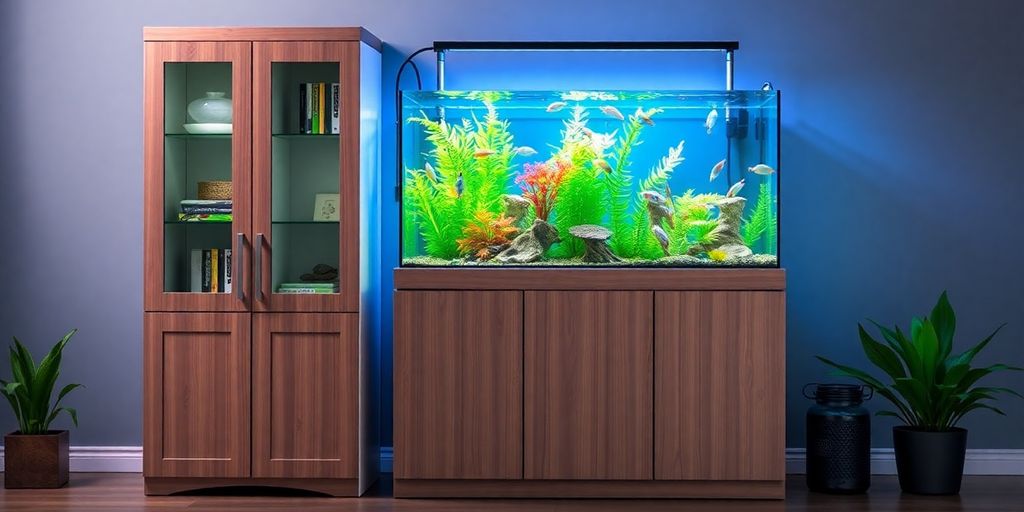 Makulay na aquarium na may mga isda at mga halaman sa isang cabinet.