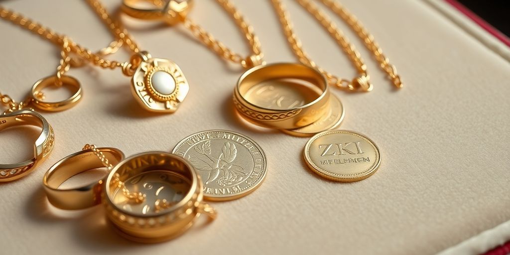 Bijoux en or et pièces de monnaie sur un velours.
