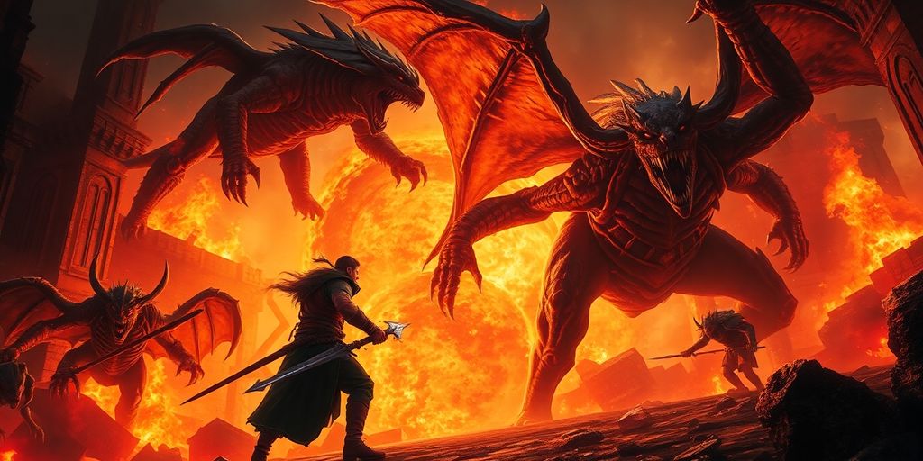 Diablo character fighting demons in a dark dungeon.