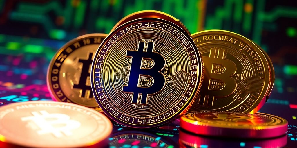 Verschiedene Kryptowährungs-Coins auf digitalem Hintergrund.