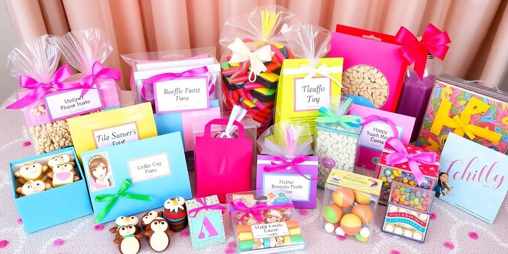 Colourful party favours arranged on a festive table.