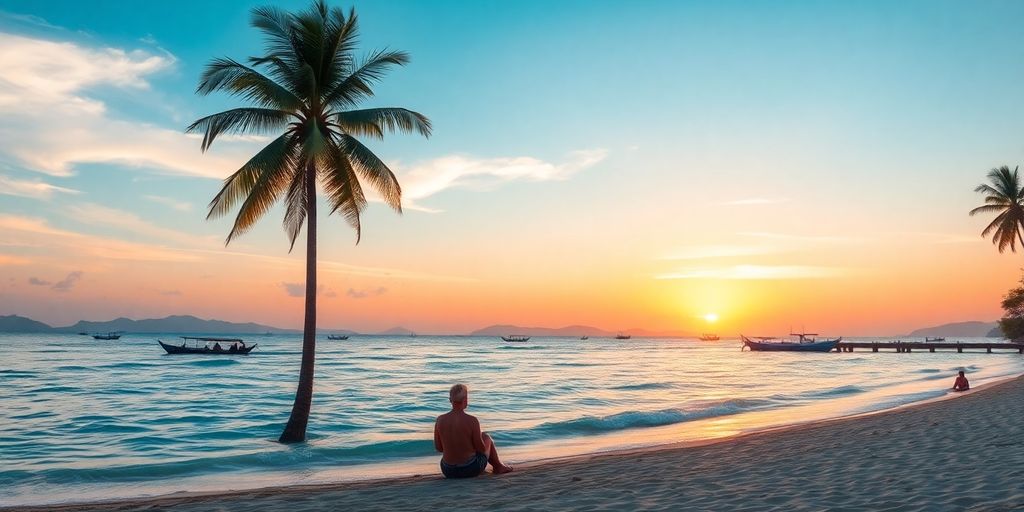 Couple enjoying sunset on a beach in Koh Samui.