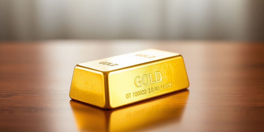 Lingot d'or sur une surface en bois poli.