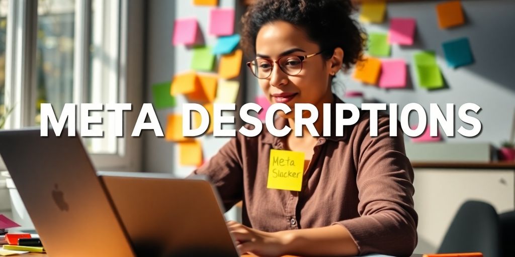 Person brainstorming meta descriptions with colorful sticky notes.