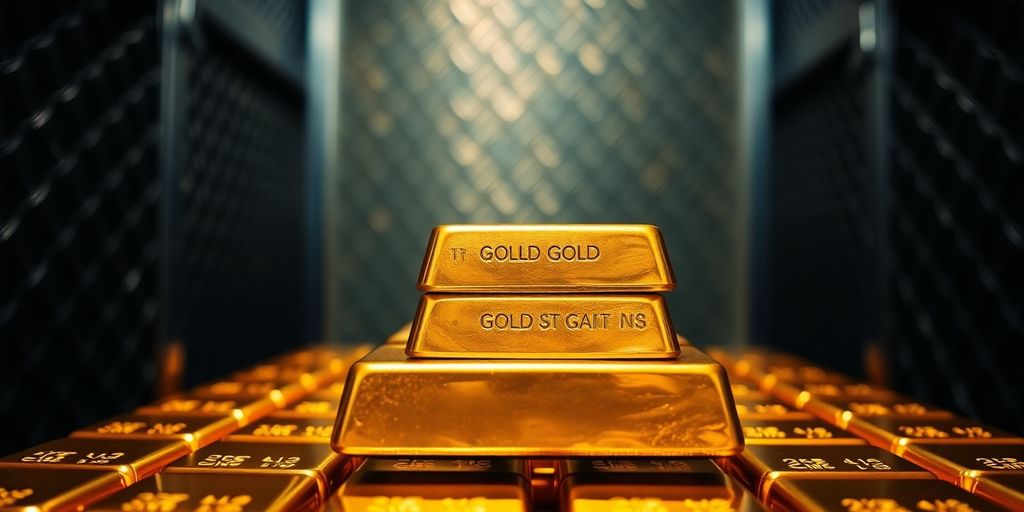 Des barres d'or empilées dans un coffre-fort sécurisé.