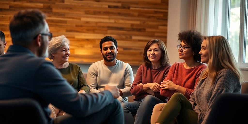 People in group therapy, supporting each other.