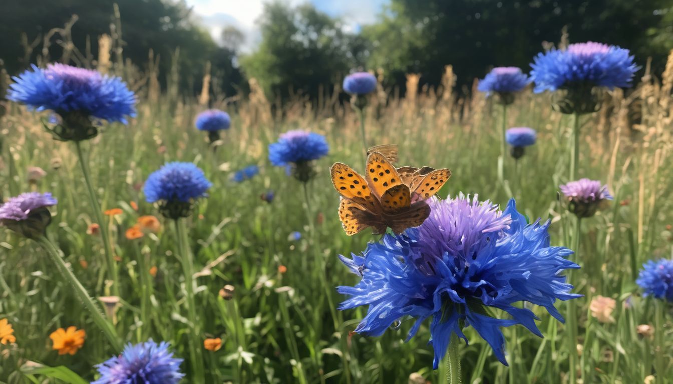 cornflowers in a UK garden with butterflies