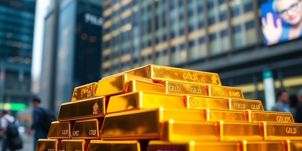 Barres d'or brillantes avec un arrière-plan flou financier.