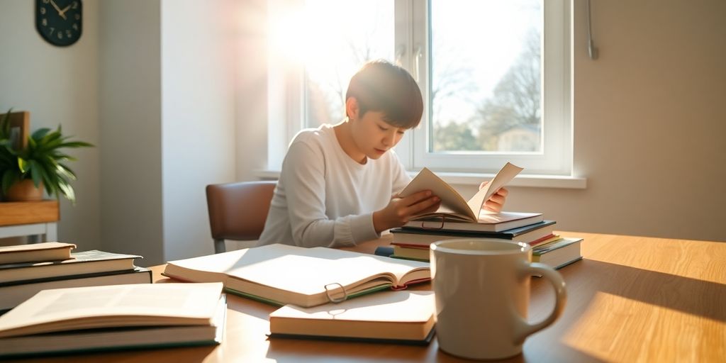 Student studying in a bright morning light.