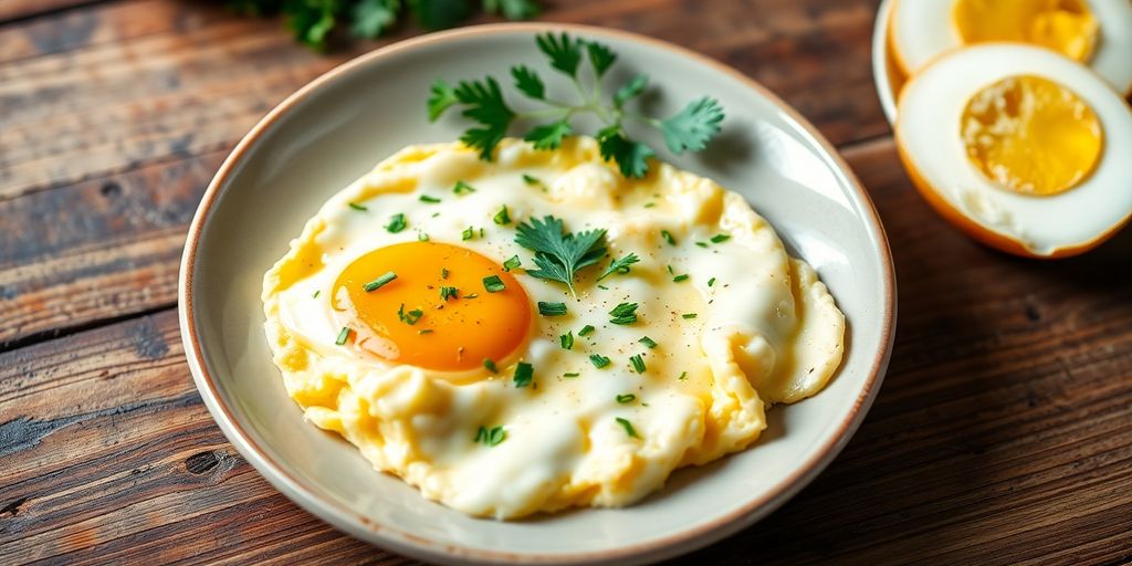Scrambled eggs with herbs on a plate, healthy breakfast.