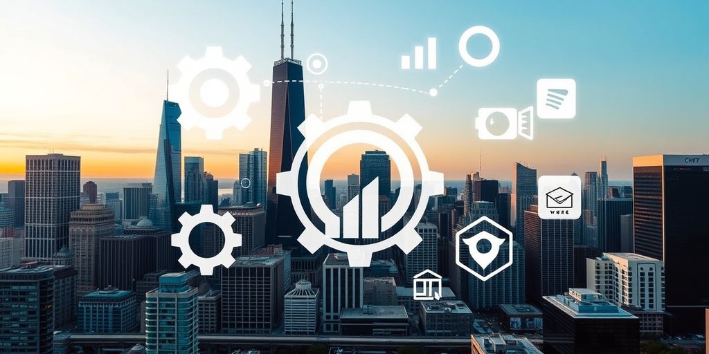Chicago skyline with business and tech icons