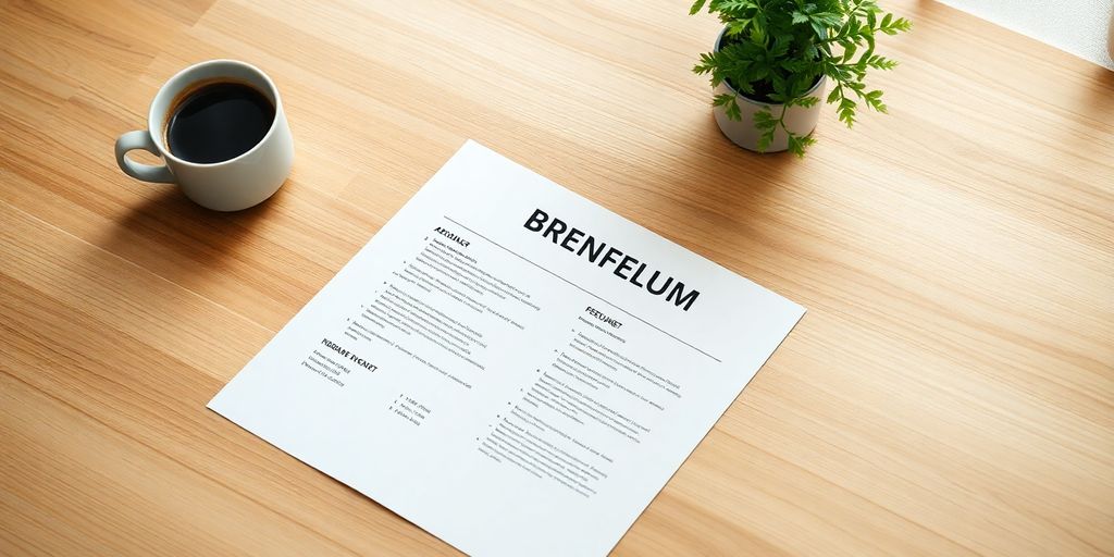 Resume on wooden desk with coffee and plant.