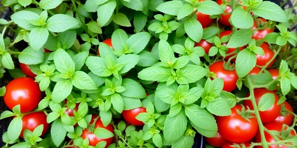 Plante verzi și roșii vibrante într-o grădină compactă.