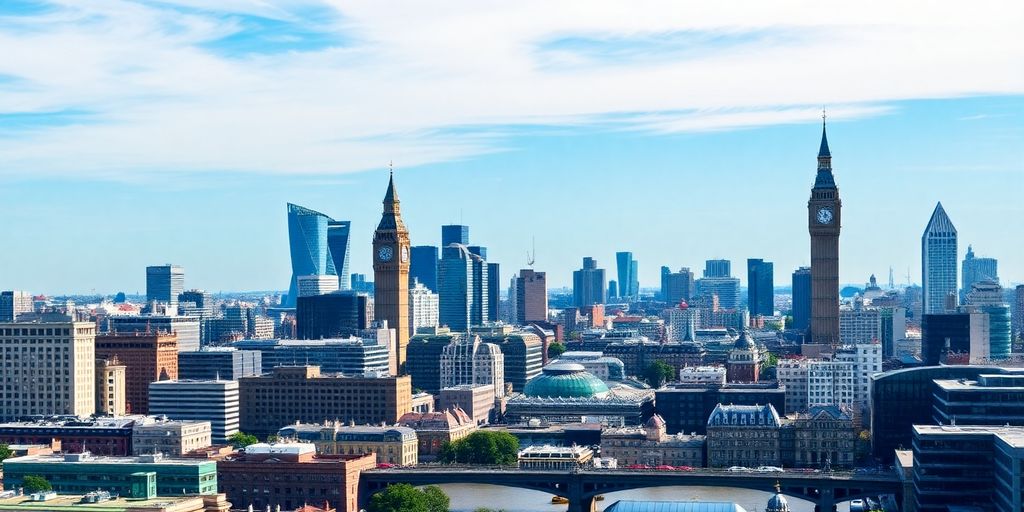 London skyline with financial buildings and busy streets.