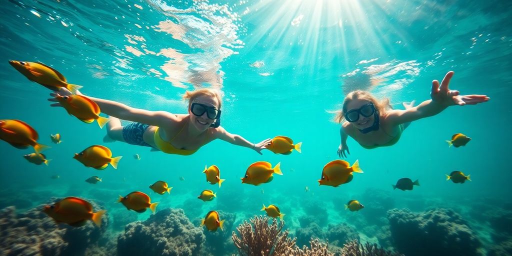 Snorkelers swim among colorful fish in clear Cabo waters.