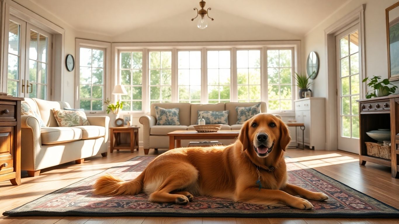 Dog relaxing in a cozy cottage living room