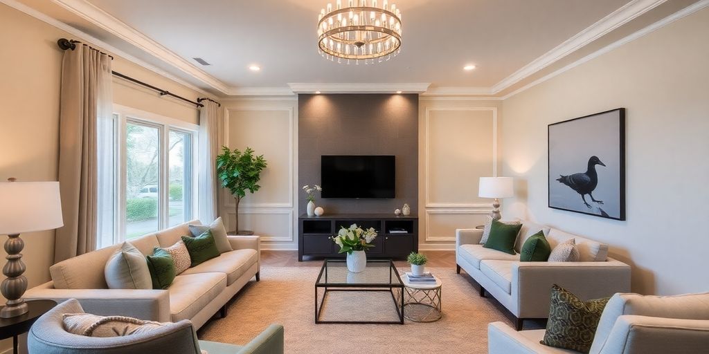 Modern remodeled living room with stylish decor and lighting.